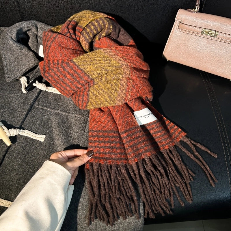 Unisex Retro Lattice Polyester Tassel Scarf