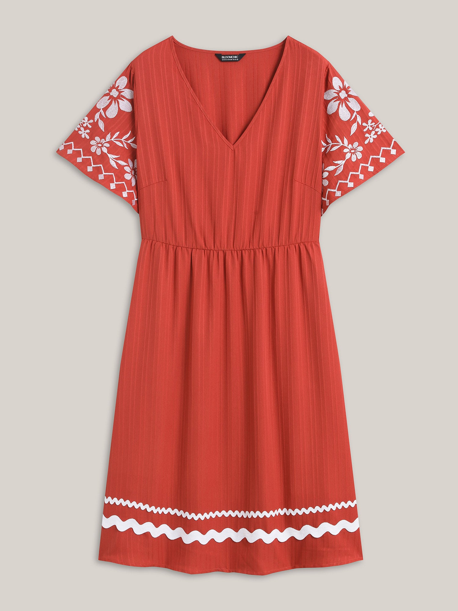 Embroidered Sleeve Cinched-Waist Midi Dress
