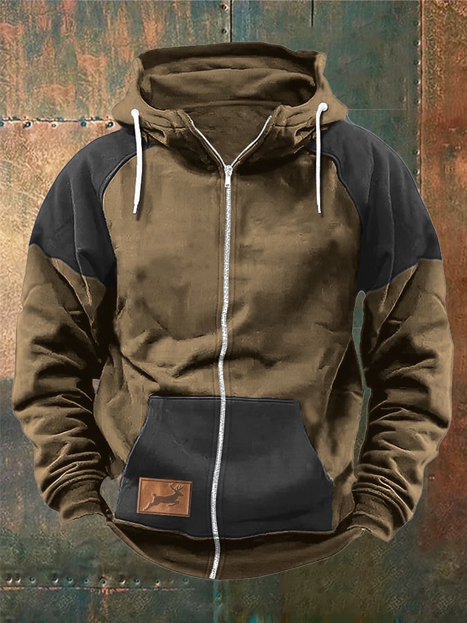 Men's Western Style Elk Print Zip Hooded Sweatshirt