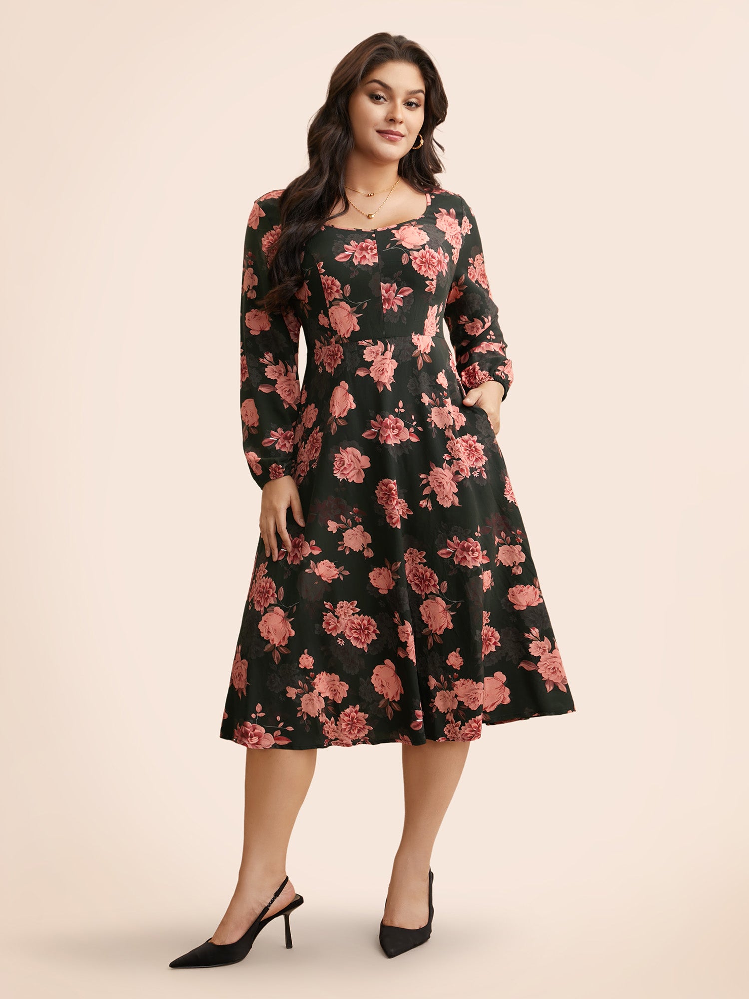 Floral Lantern Sleeve Shirred Pocket Dress