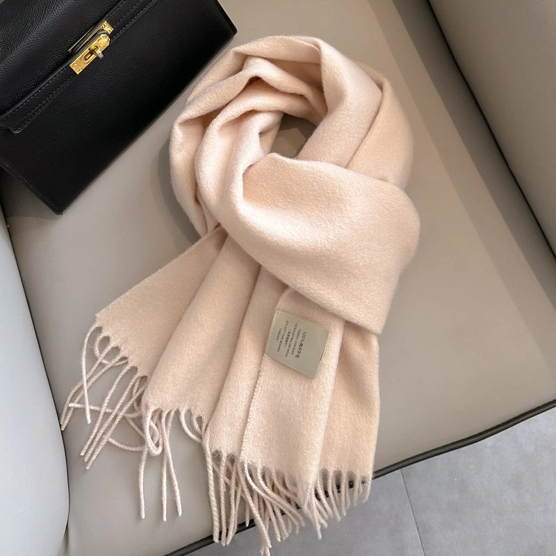 White Pure Wool Scarf Female Winter Student Warm Scarf New Versatile Tassel Narrow Scarf Couple