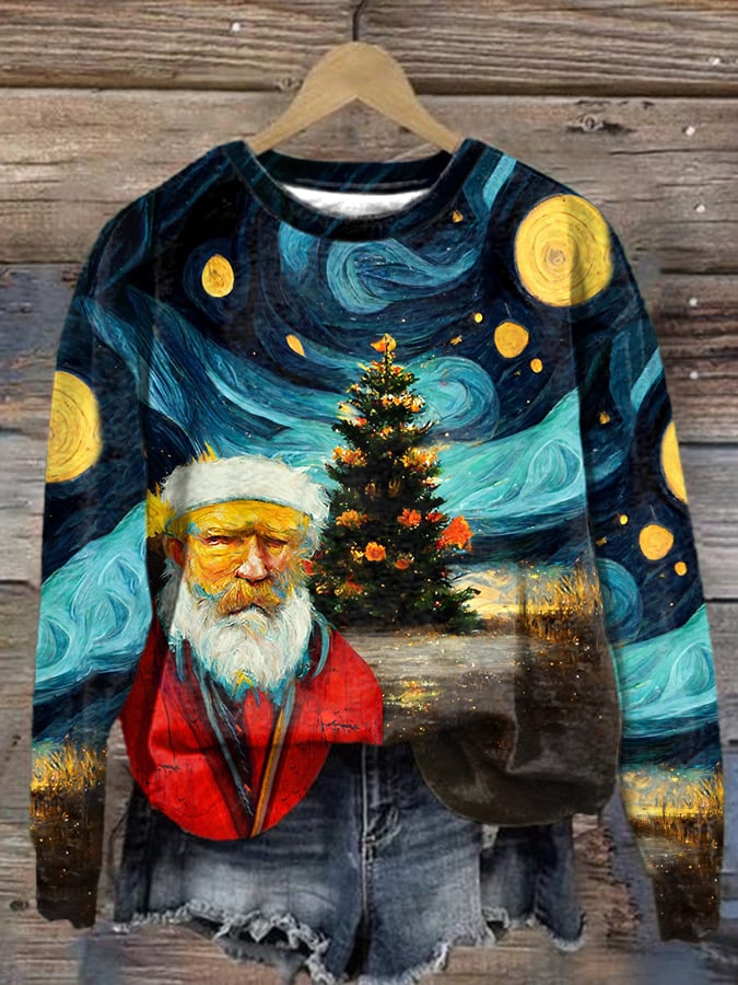 Retro Christmas Starry Night Christmas Tree Print Sweatshirt