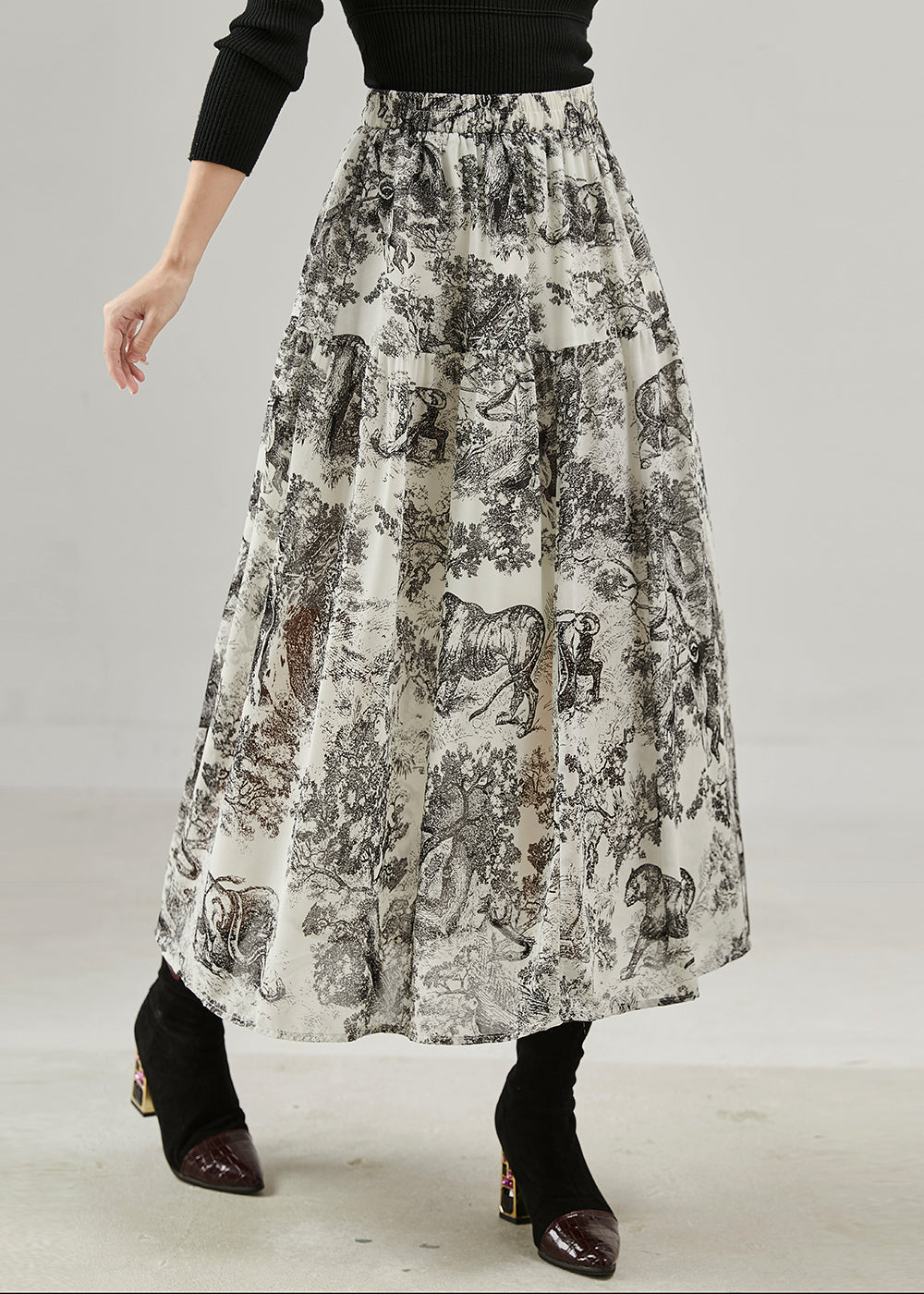 Vintage Black Print Cotton A Line Skirts Spring