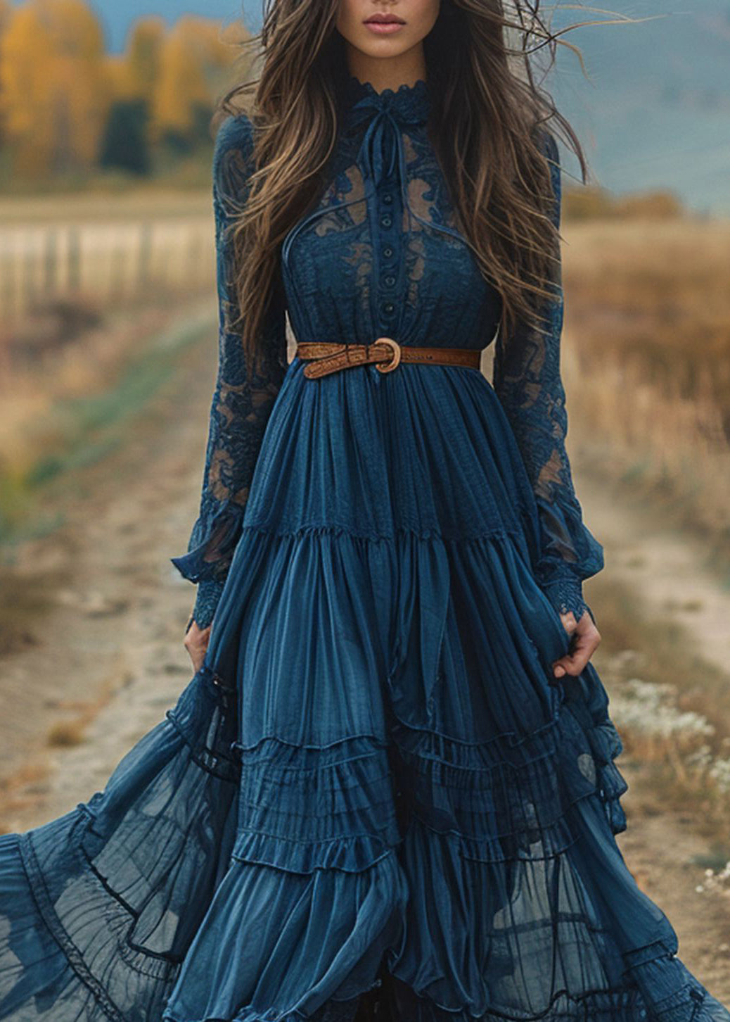 Women Blue Lace Ruffled Patchwork Cotton Robe Dresses Spring
