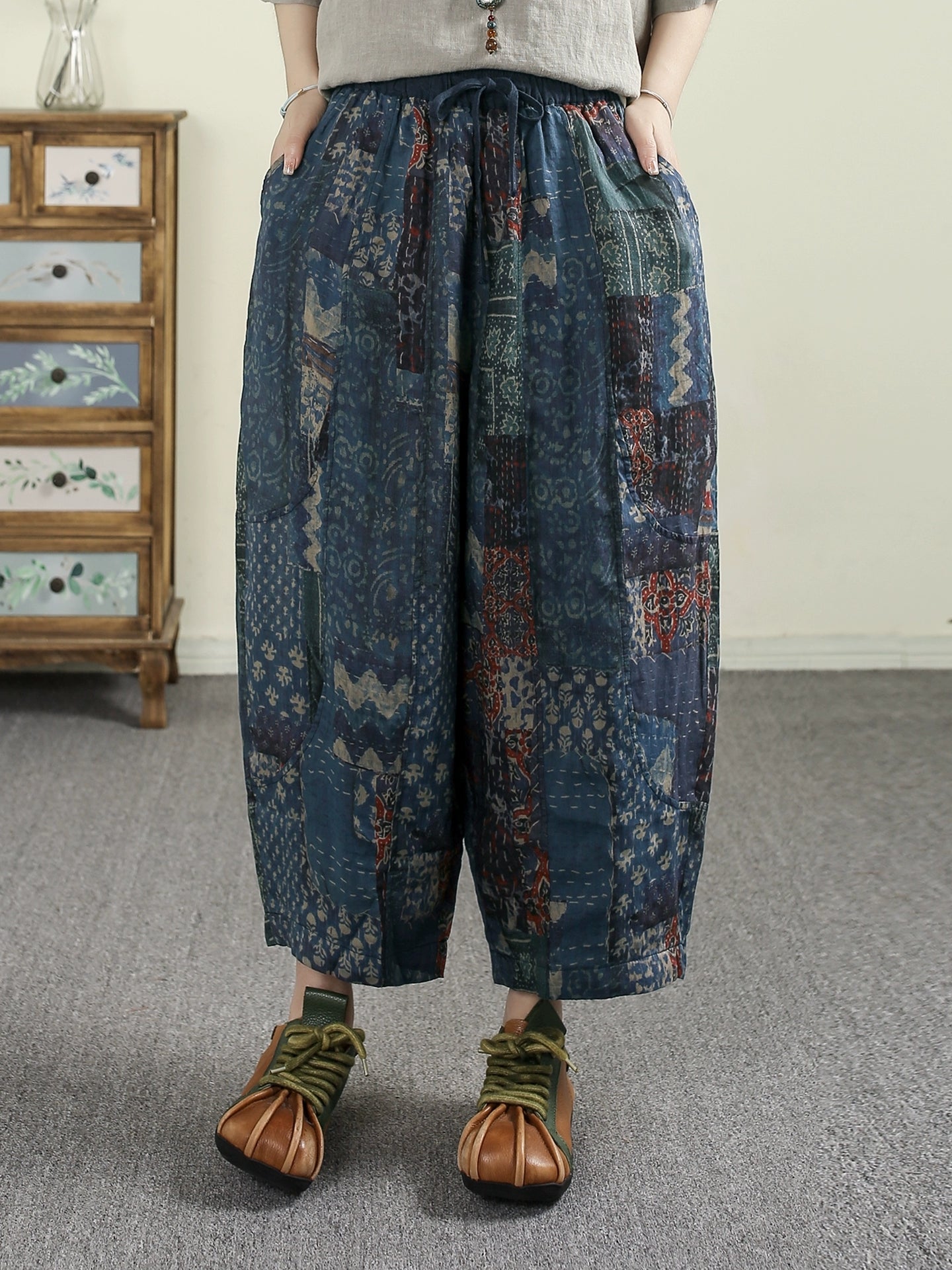 Women Summer Ethnic Print 100%Ramie Harem Pants