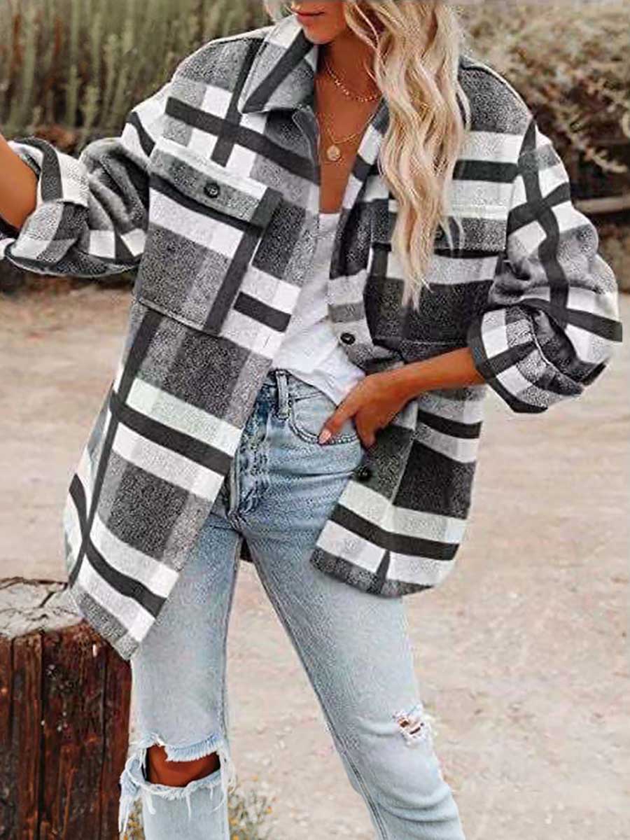 Autumn and Winter Long-sleeved Lapel Loose Plaid Thickened Tweed Jacket