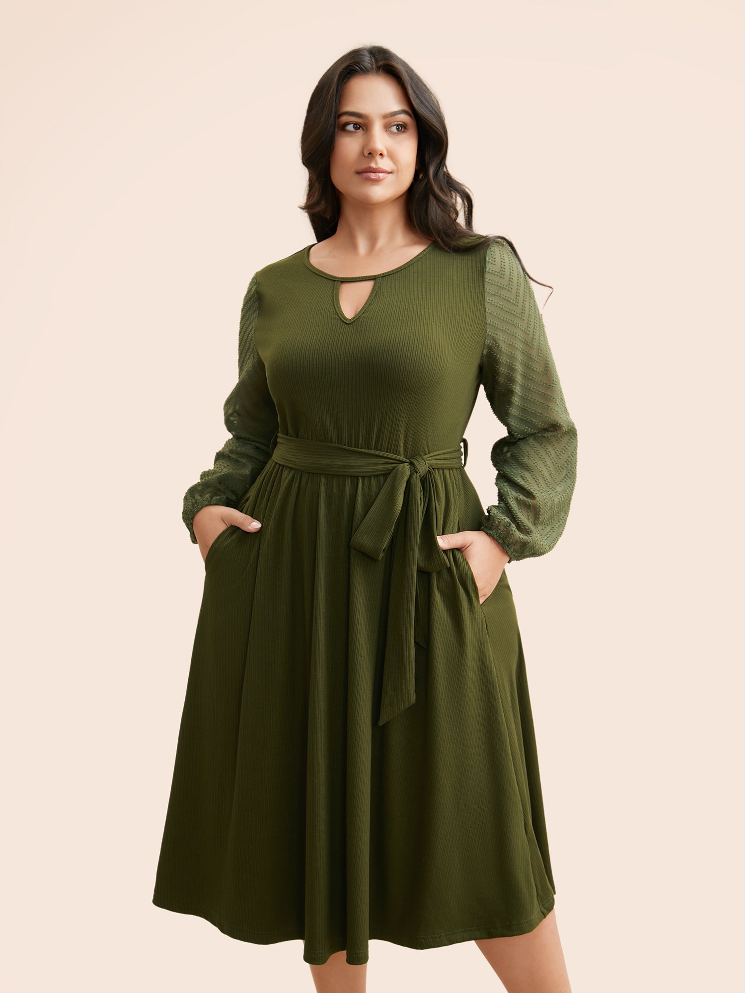 Textured Patchwork Keyhole Belted Dress