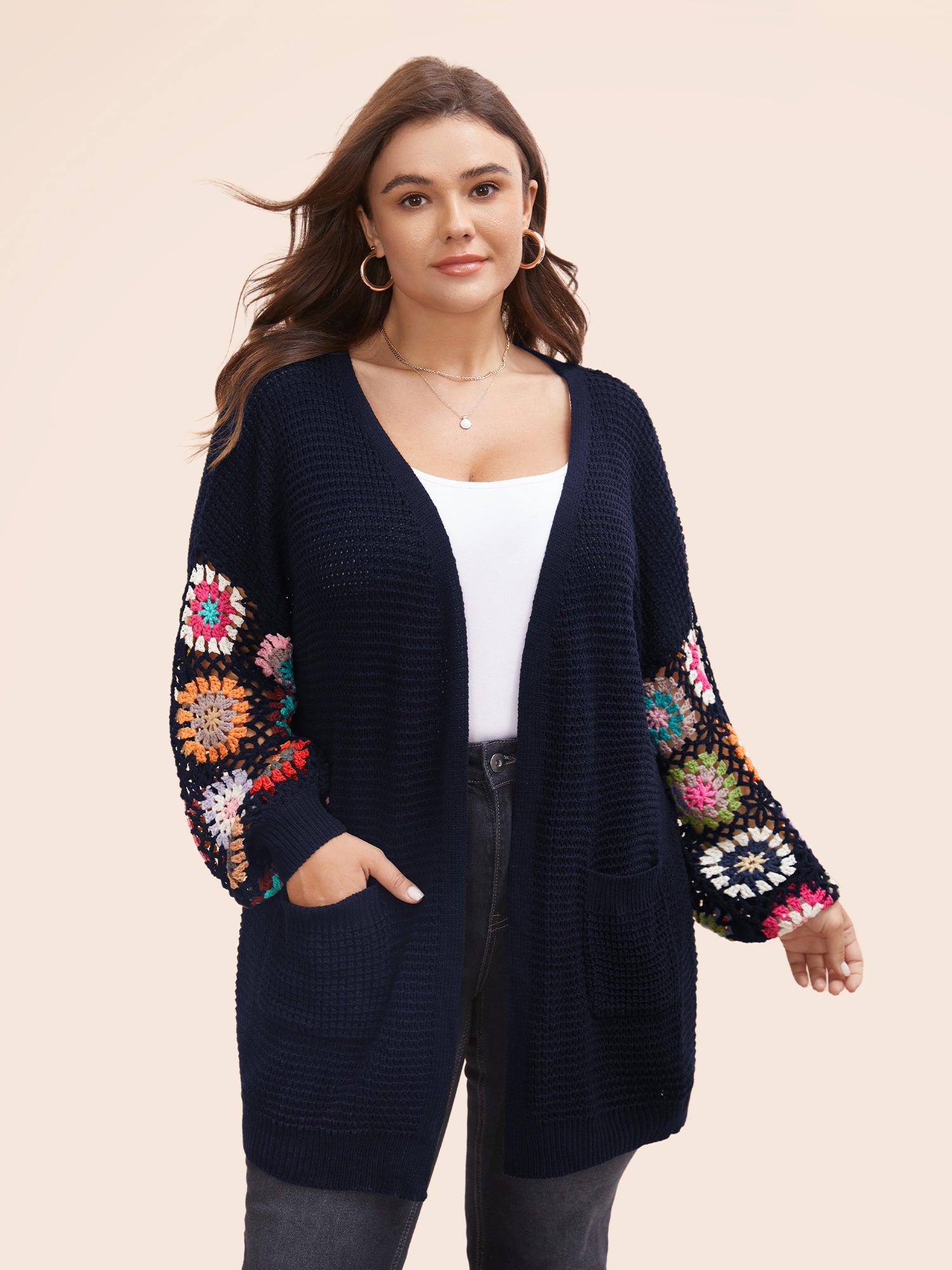 Crochet Floral Drop Shoulder Cut Out Cardigan