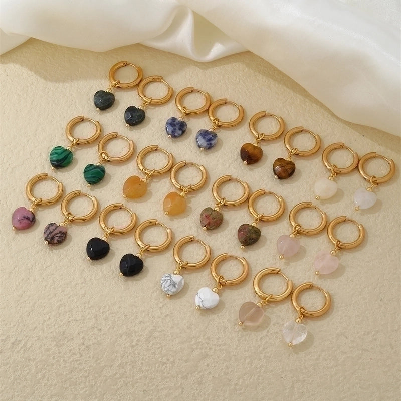 1 Pair Vintage Style Minimalist Heart Shape Plating 304 Stainless Steel Natural Stone Drop Earrings