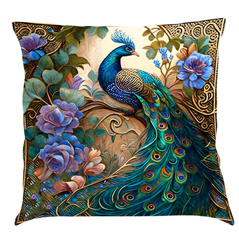 Cushion Cover with Vintage Peacock Oil Painting