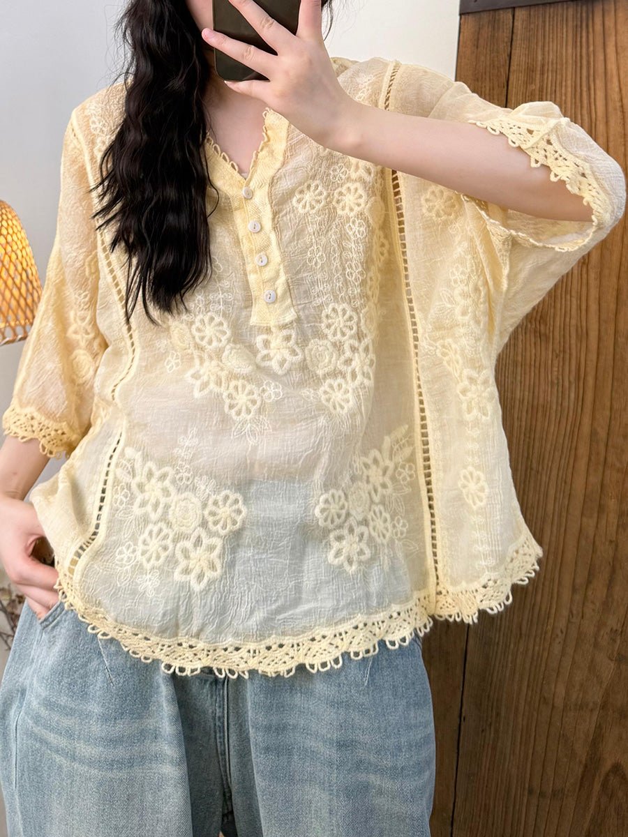 Women Summer Artsy Embroidery Flower Ramie V-Neck Shirt