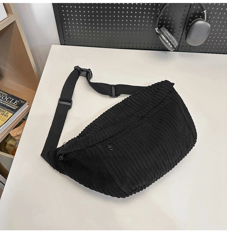 Unisex Corduroy Stripe Solid Color Basic Cloud Shape Zipper Shoulder Bag