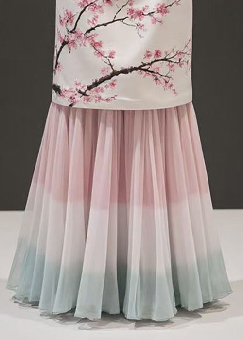 Fashion Pink Print False Two Pieces Chiffon Patchwork Skirts Summer