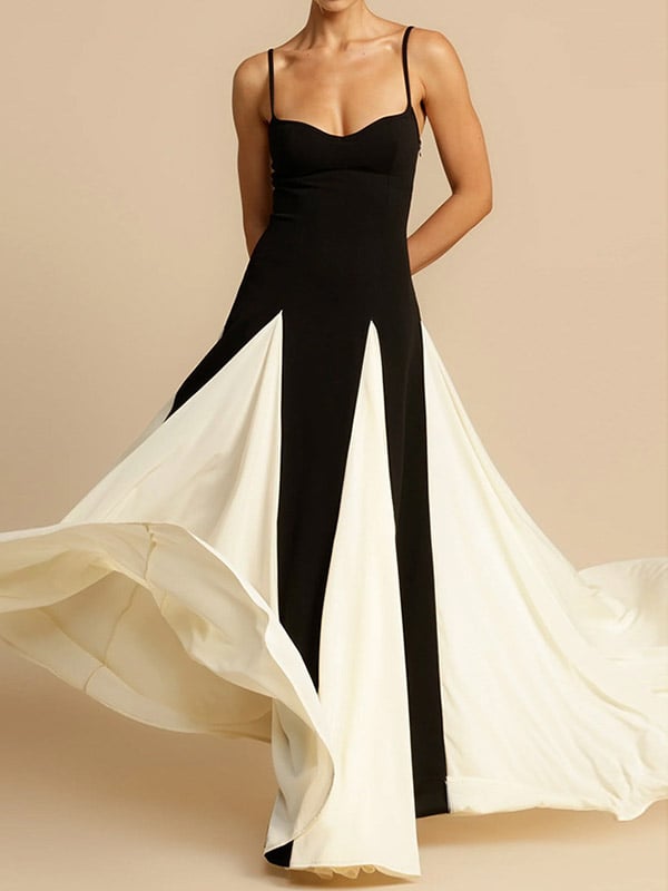 A-Line Sleeveless Contrast Color Pleated Split-Joint Spaghetti-Neck Evening Dresses Maxi Dresses