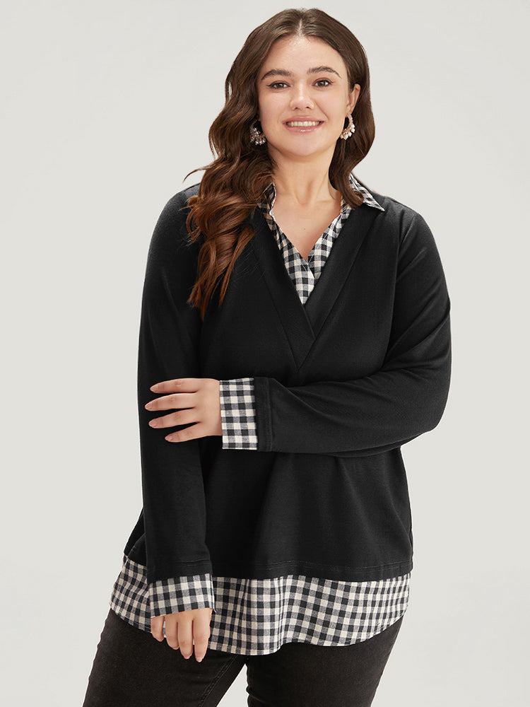 Gingham Patchwork Shirt Collar Arc Hem Sweatshirt