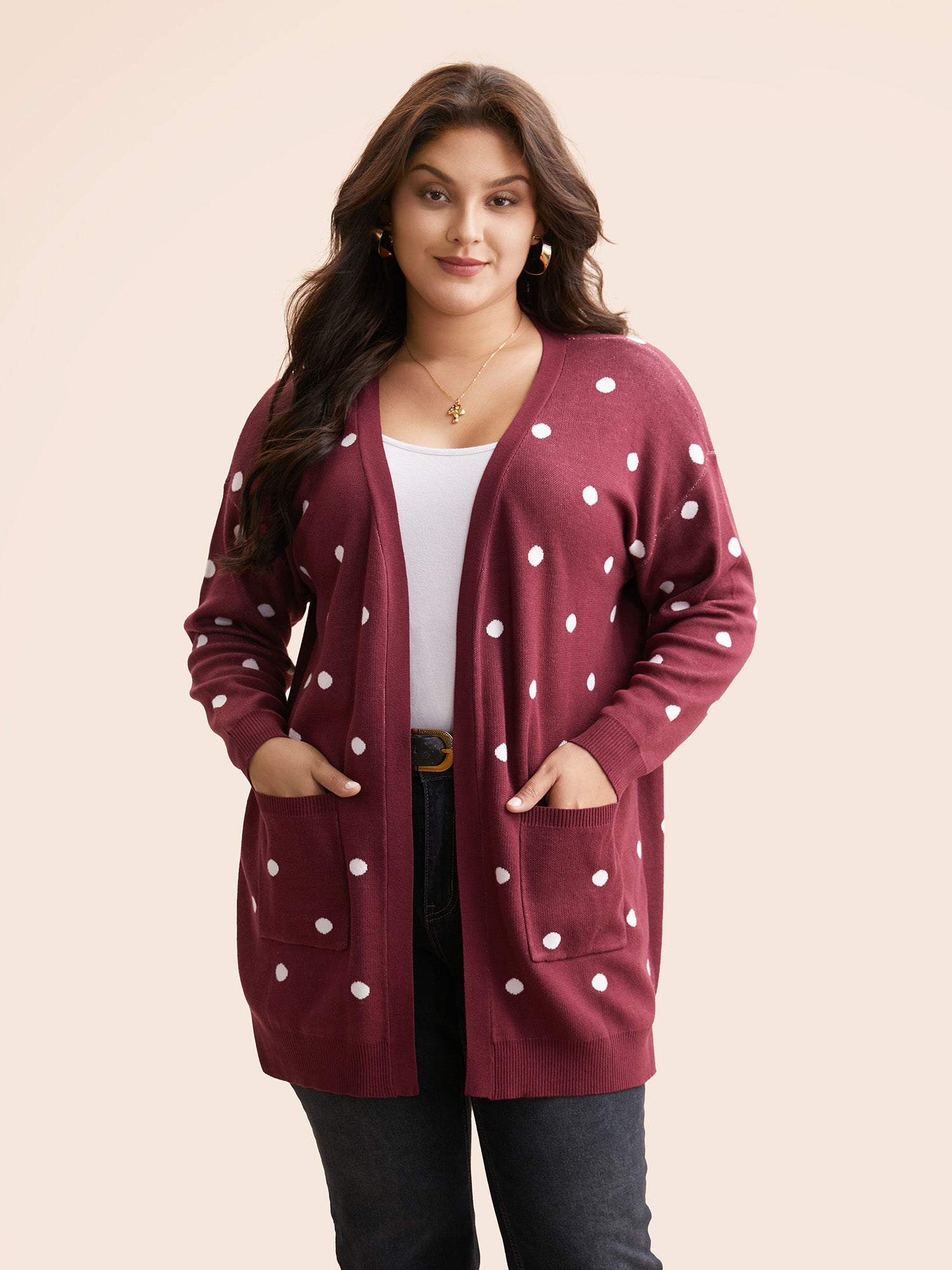 Polka Dot Kimono Collar Patch Pocket Cardigan