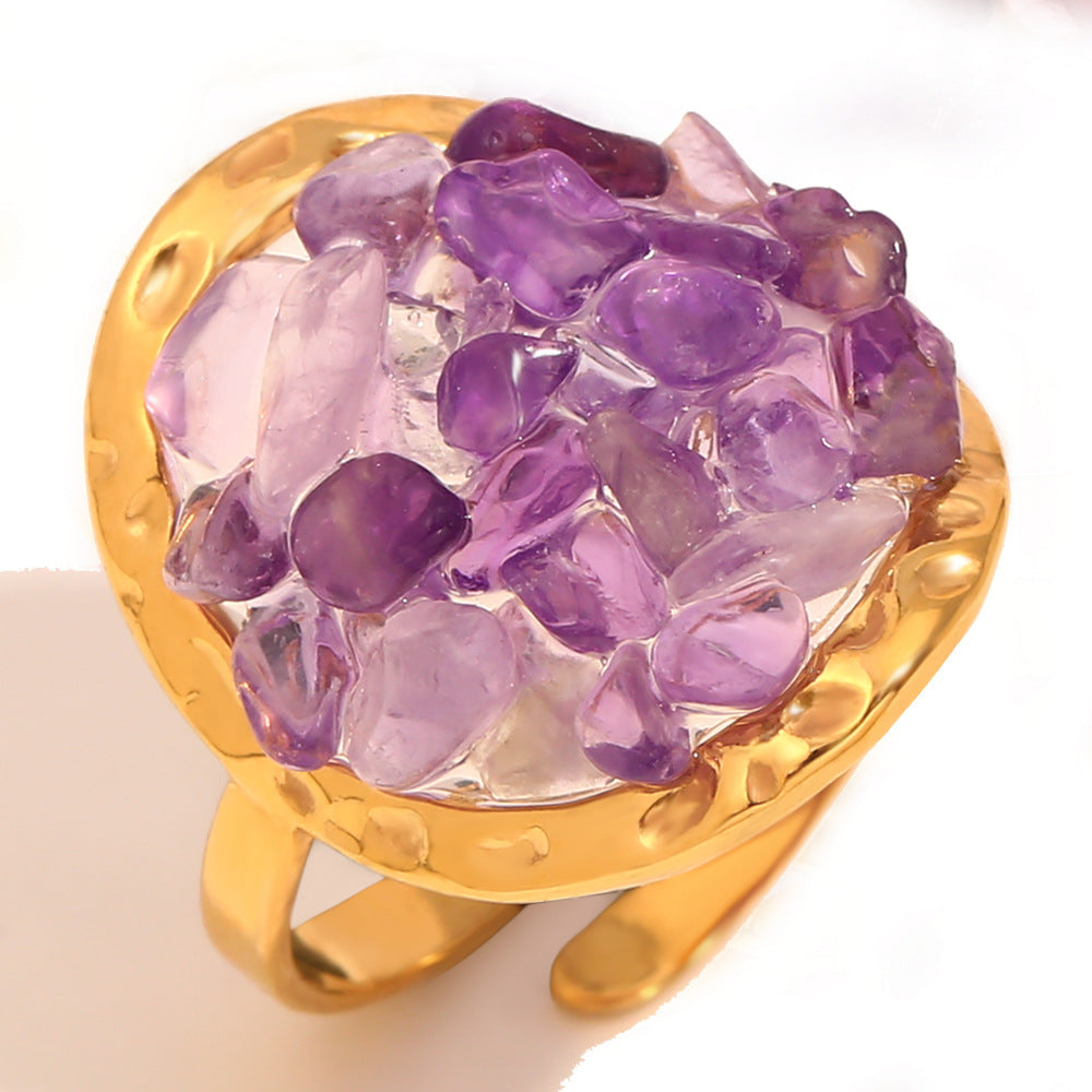 Retro Fashion Hand Jewelry Stainless Steel Plated 18K Gold Starfish Shell Gemstone Love Heart Open Ring
