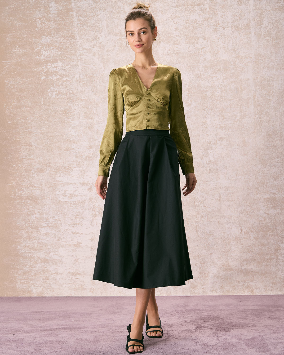 The Green V Neck Jacquard Satin Blouse