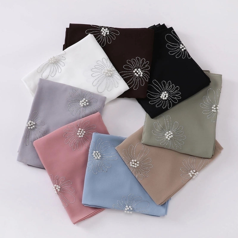 New Flower Hot Drilling Nail Bead Scarf Pearl Chiffon Muslim Scarf Middle East Hui Hijab Long Scarf