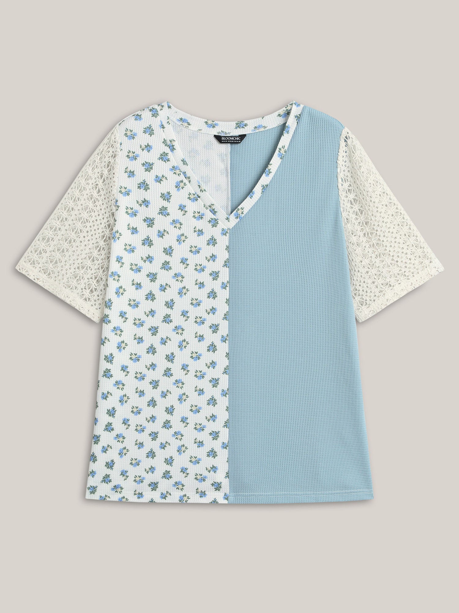 Waffle Grid Floral V-Neck T-Shirt