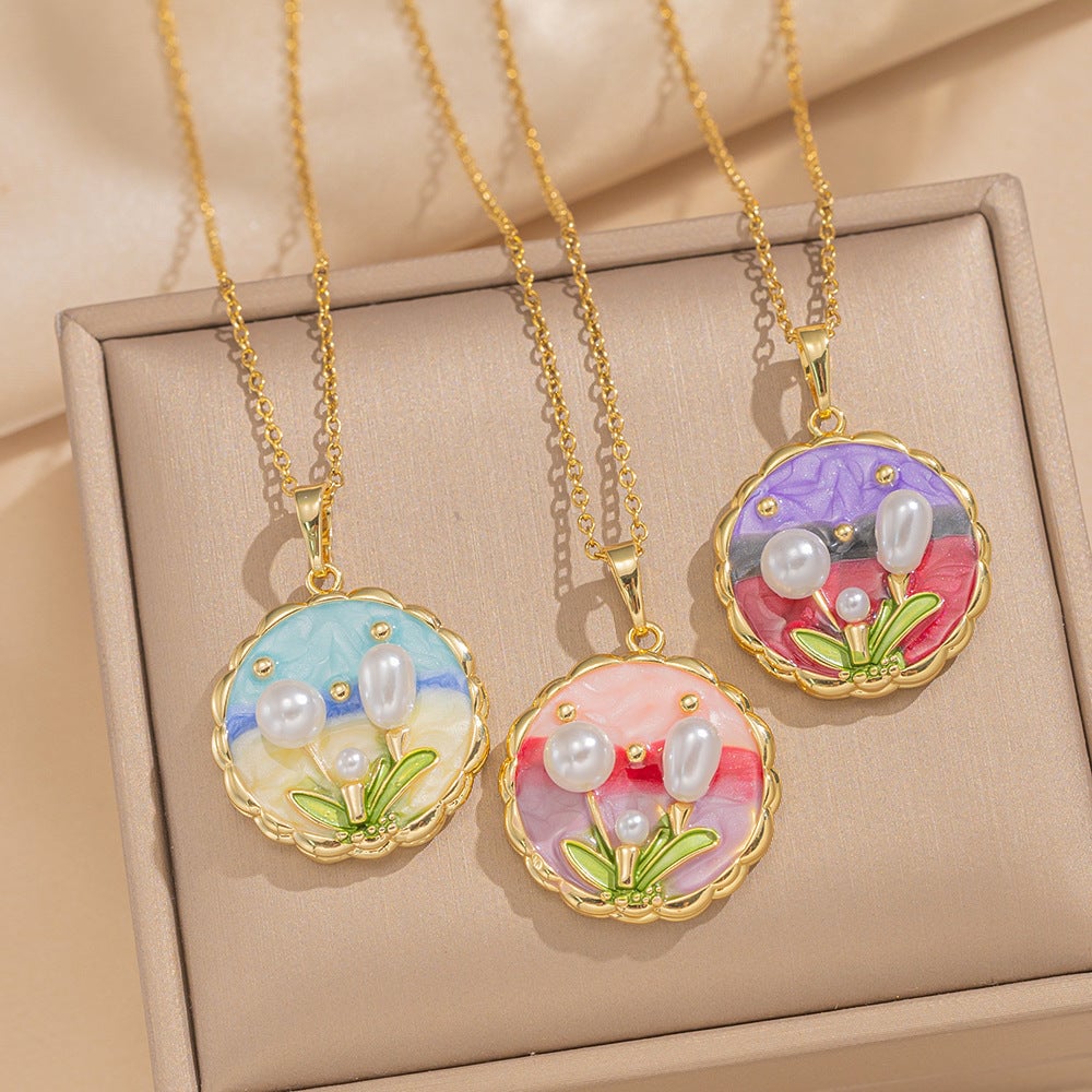 Retro Oil Drop Baroque Freshwater Pearl Enamel High-Grade Painted Flower Pendant Necklace