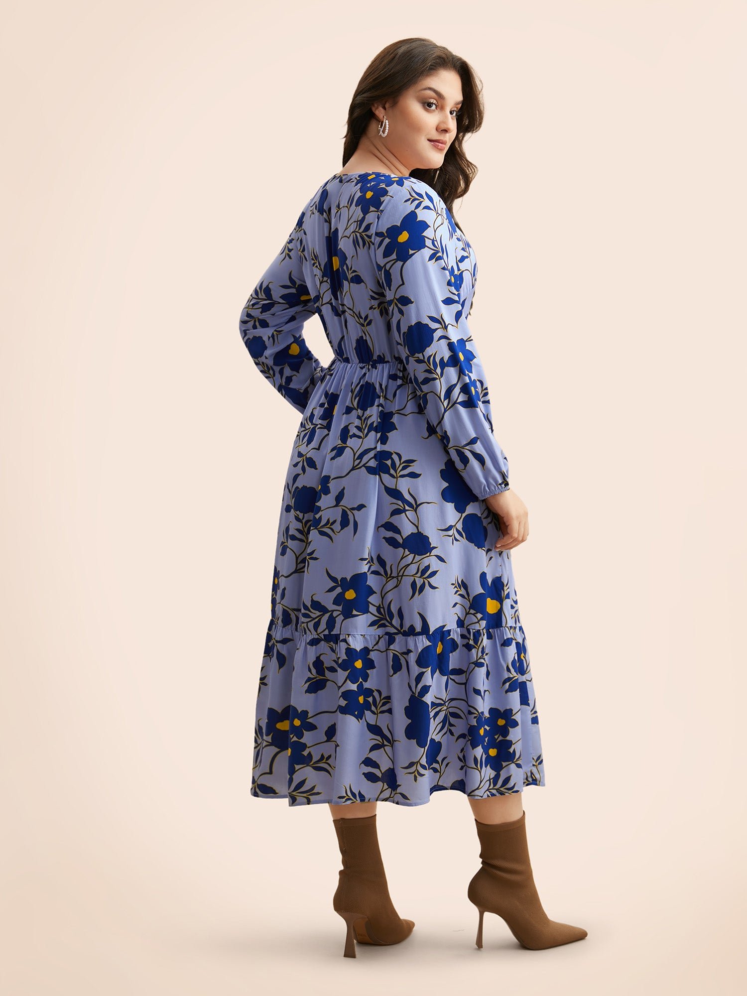 Square Neck Floral Patchwork Ruffle Hem Dress