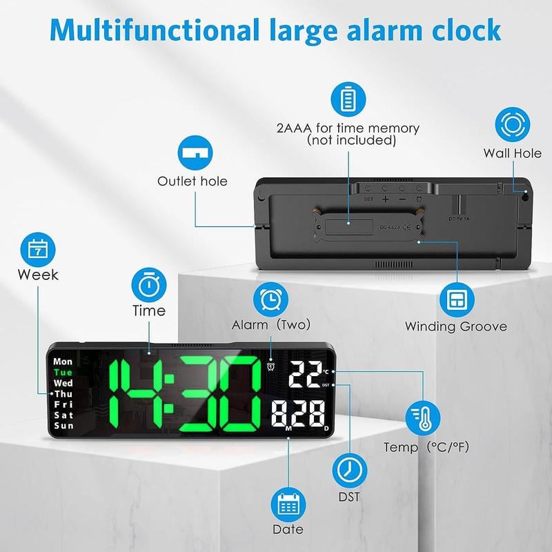 ⚡Prime Day Sale⚡13 Large Digital Clock with Temperature. Date. Auto DST. Night Light. Auto Brightness Dimmer