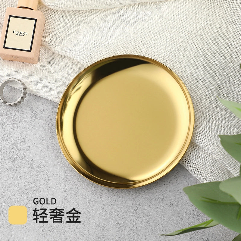 Luxury Metal Round Small Jewelry Tray Stainless Steel Storage Plate Dormitory Cosmetic Ornament Plate Decorative Item