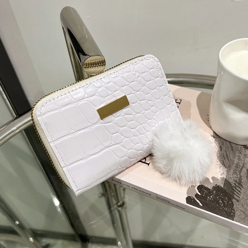 Women's Crocodile Pu Leather Fluff Ball Zipper Wallets