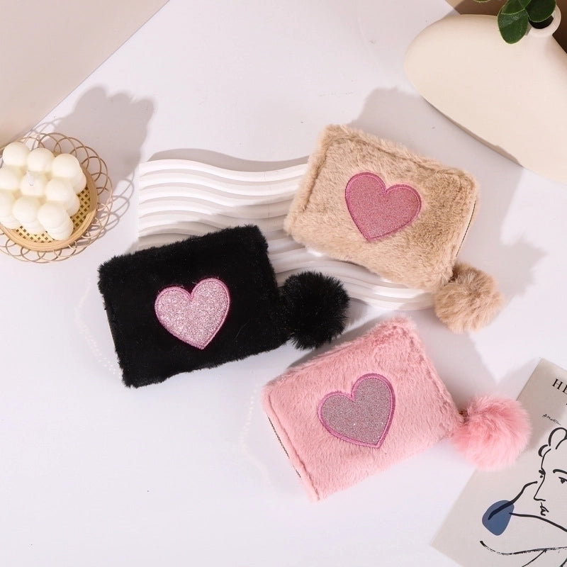 Women's Heart Shape Plush Zipper Coin Purses