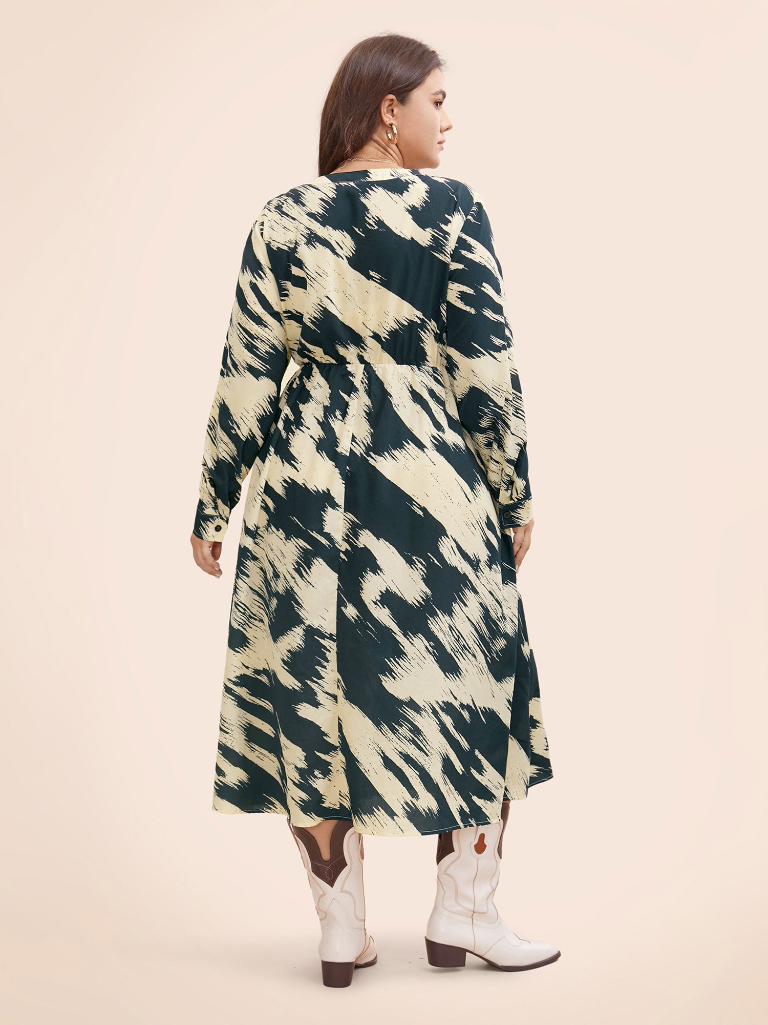 Brush Print Notched Collar Midi Dress