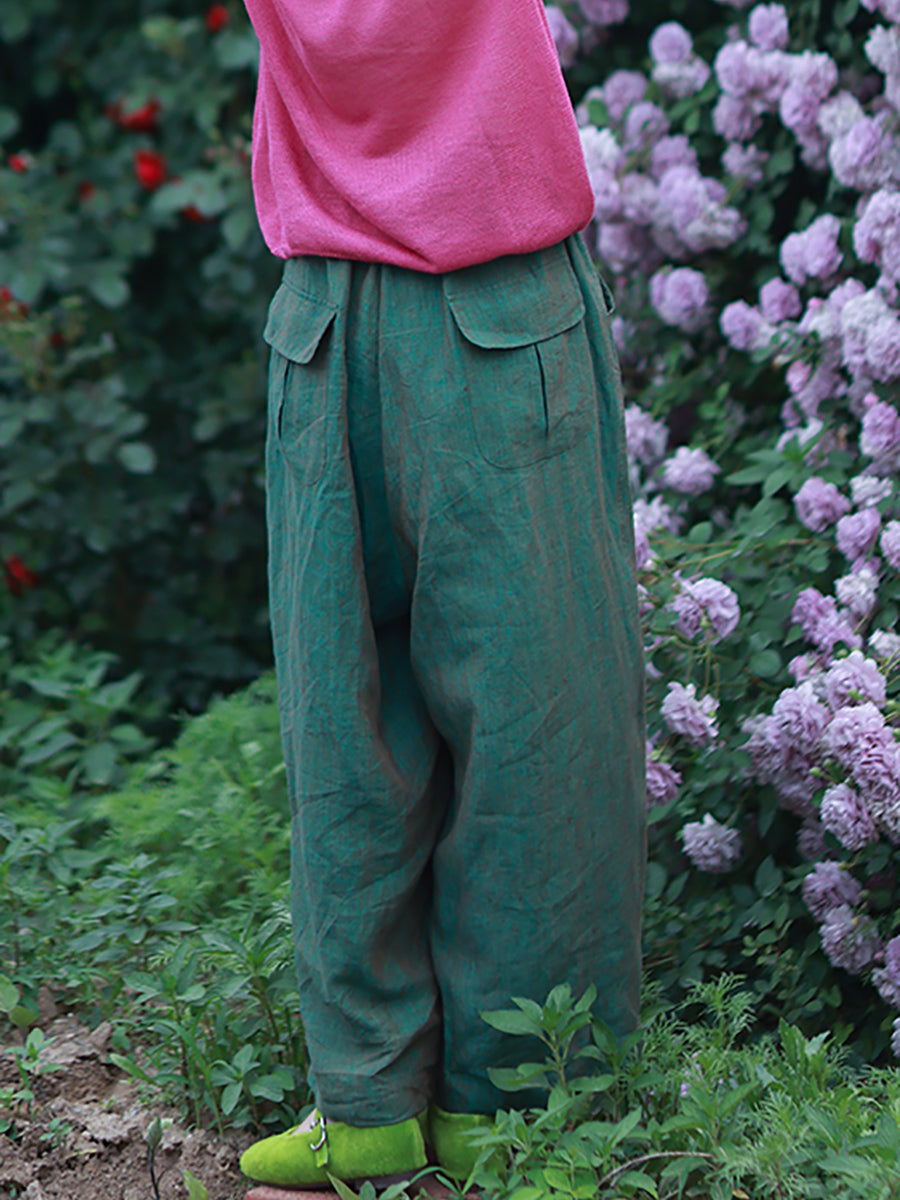 Plus Size Women Summer Pure Color 100%Linen Wide-leg Pants