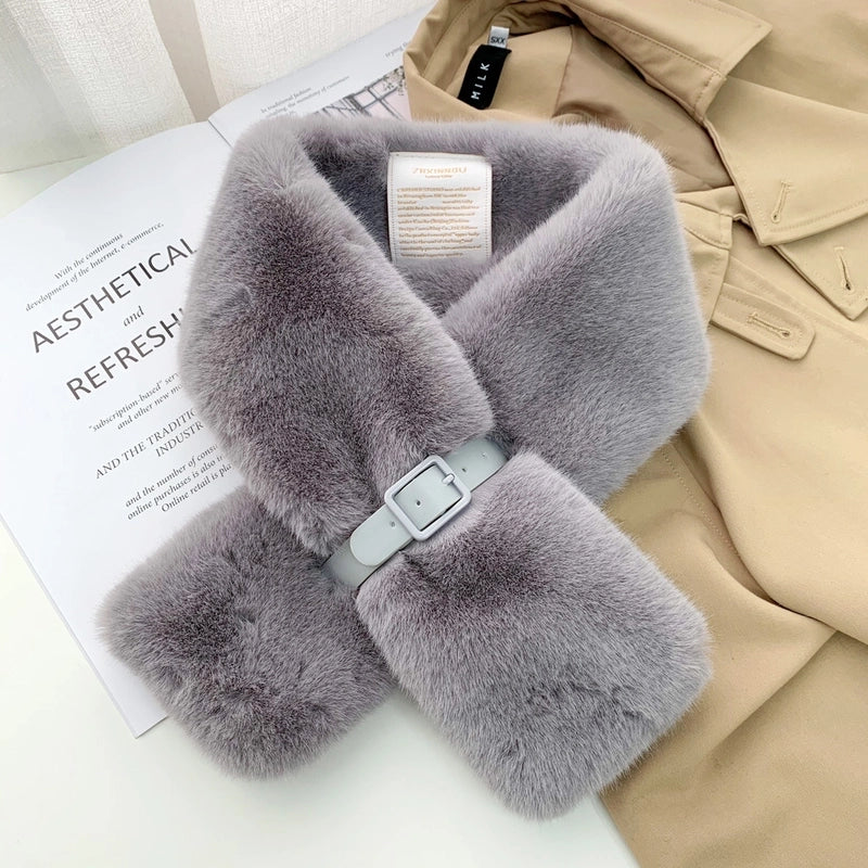Women's Plush Collar Scarf With Belt Buckle Autumn And Winter Warm Fashionable All-match Cross Scarf