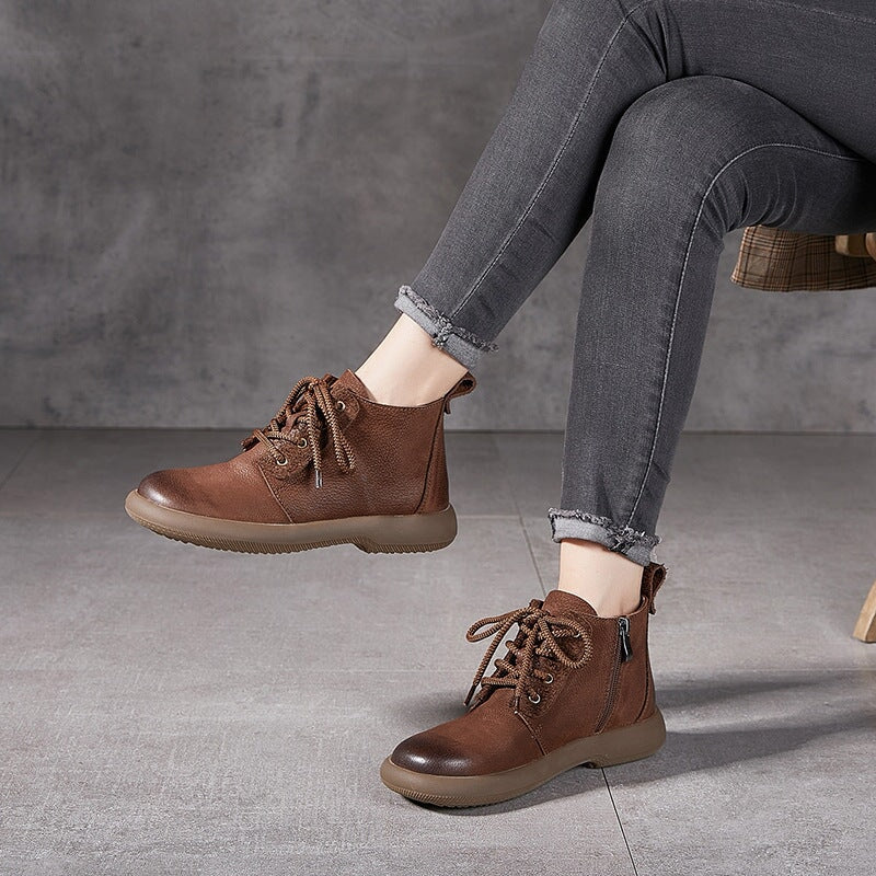 Women's Leather Booties Round Toe Lace-Up Ankle Boots in Grey/Coffee