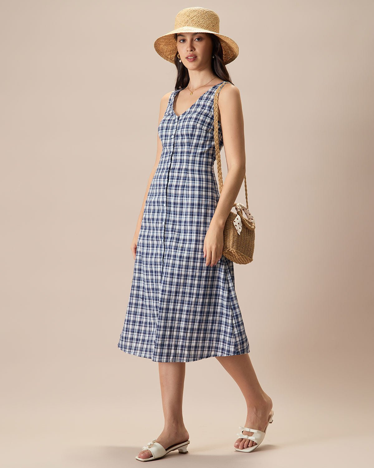 The Blue V Neck Plaid Button Cotton Midi Dress