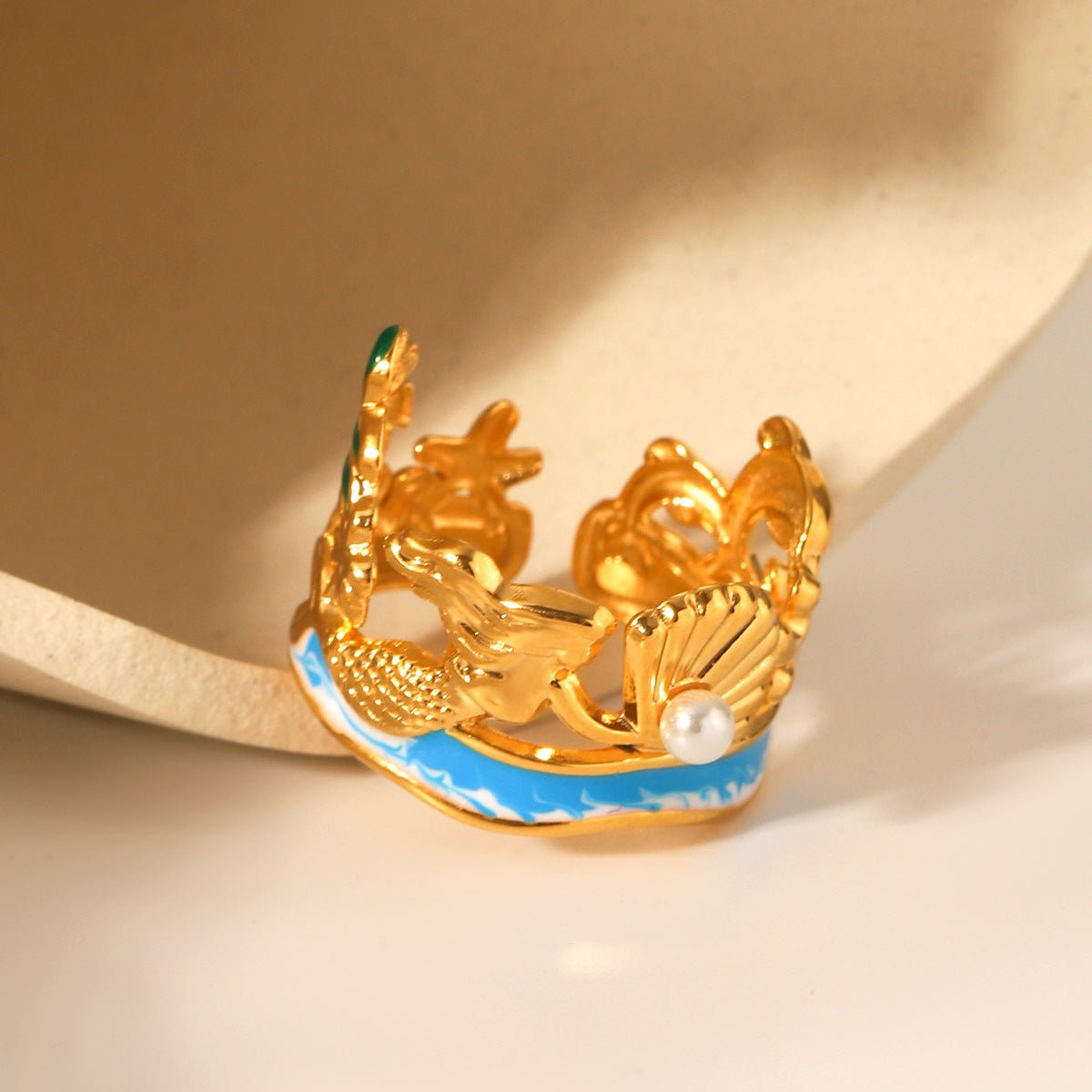 Ocean Style Mermaid Pearl Shell Oil Drop Ring Stainless Steel Gold-Plated Open Ring Design Hand Jewelry