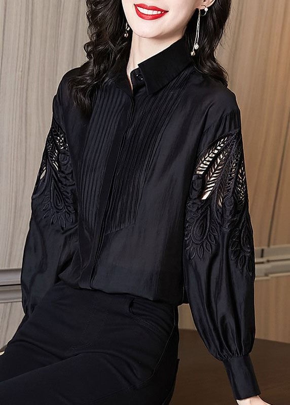 Stylish Black Embroidered Hollow Out Shirt Puff Sleeve Spring