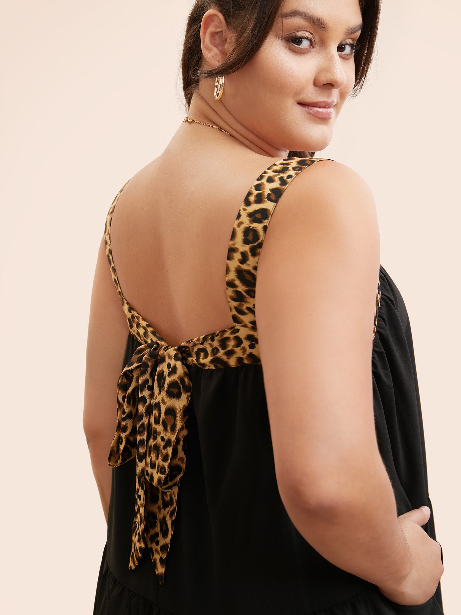 Leopard Patchwork Tie Knot Ruffle Layered Hem Dress