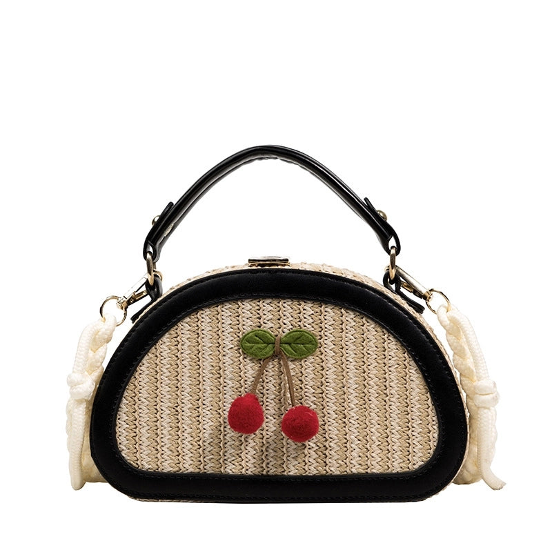 Women's Small Straw Color Block Cherry Streetwear Lock Clasp Handbag Crossbody Bag