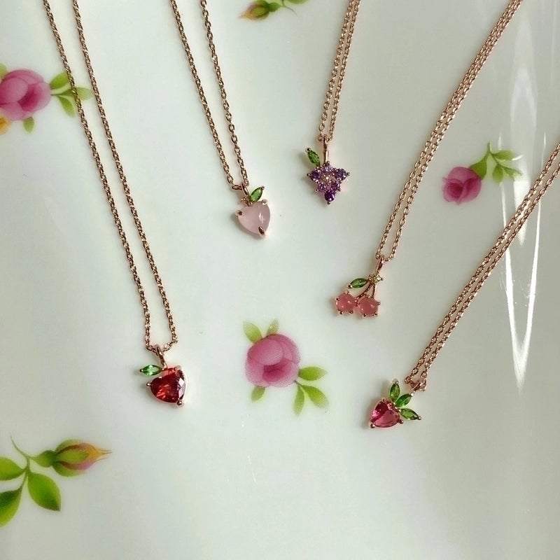 Cherry Peach Tropical Fruit Pendant Copper Inlaid Zircon Necklace