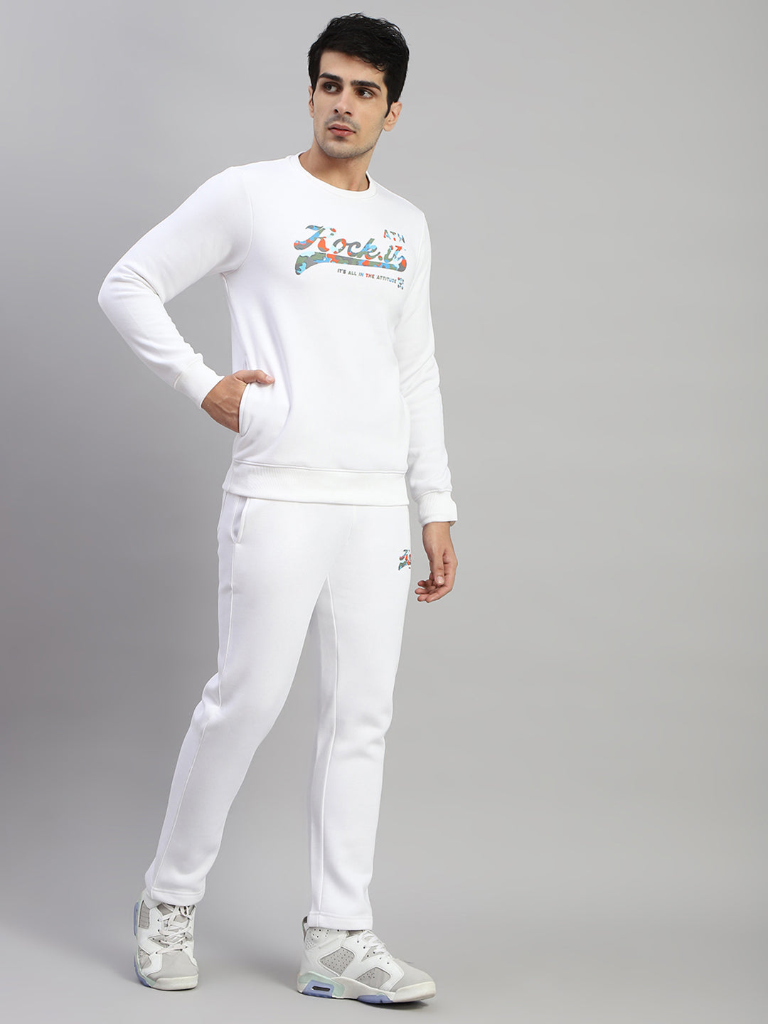 Men White Printed Round Neck Full Sleeve Winter Tracksuit