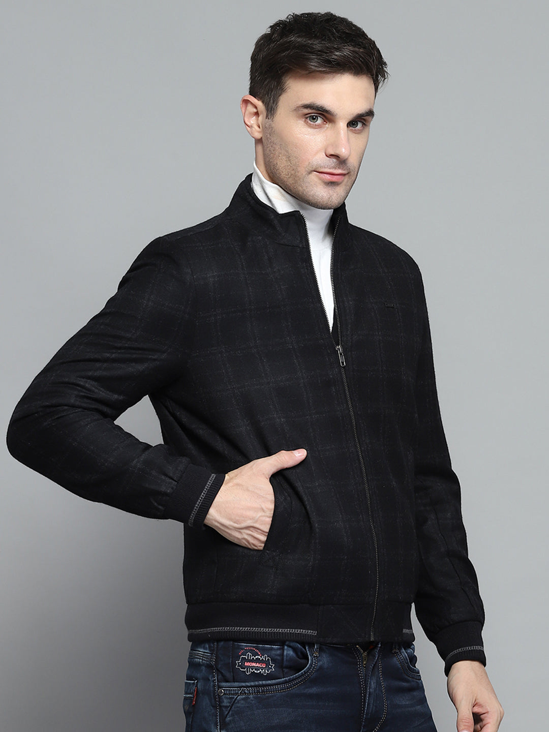 Men Black Check Mock Neck Full Sleeve Jacket