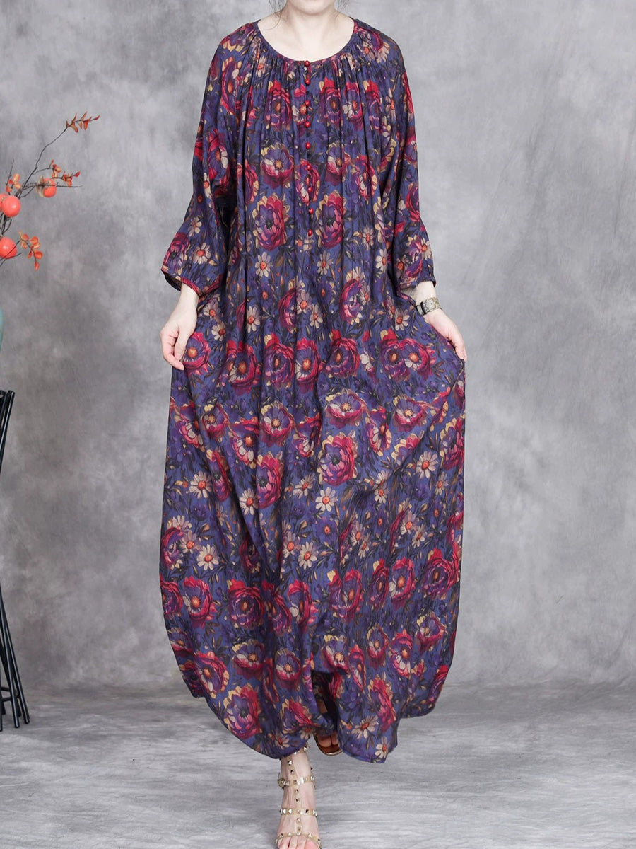 Women Summer Artsy Flower O-Neck Maxi Dress