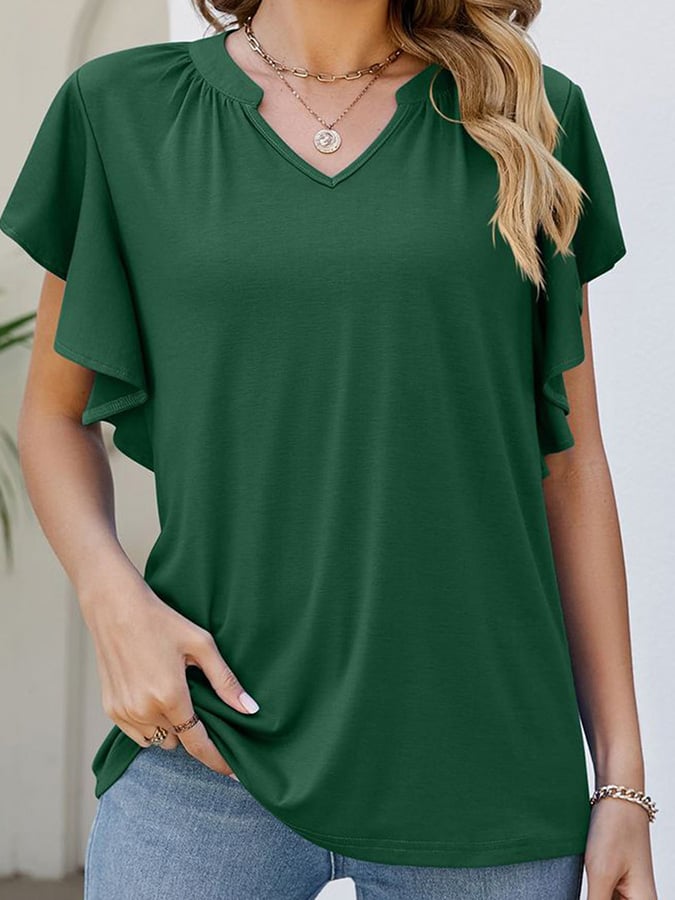 Solid V-neck Ruffled Short Sleeved Casual Top