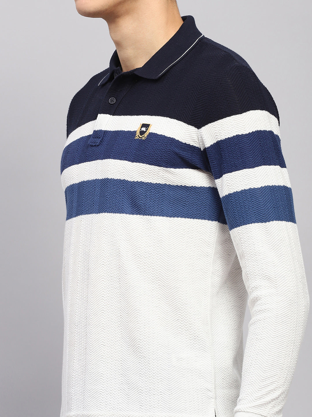 Men White & Blue Stripe Collar Full Sleeve Winter T-Shirt