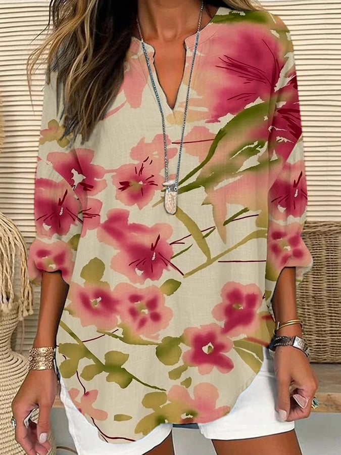 Women's Art Floral Print Casual Long Sleeve V-Neck Shirt