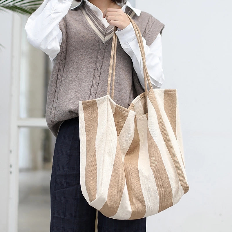 Women's Large Canvas Stripe Basic Classic Style Open Canvas Bag