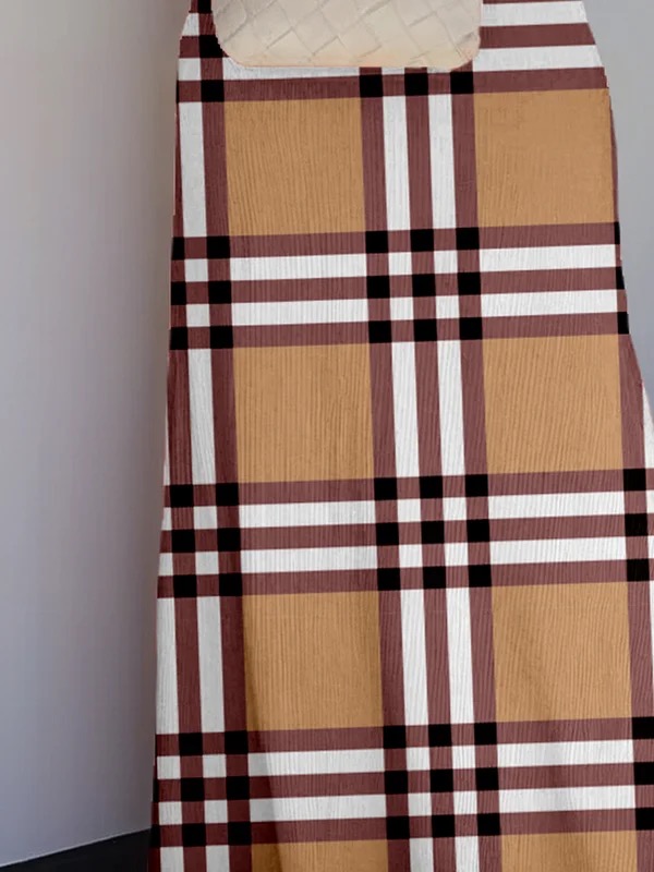 Short Sleeves Plaid Round-Neck Maxi Dresses