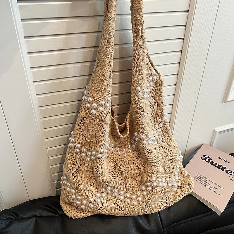Women's Basic Classic Style Solid Color Knit Shopping Bags