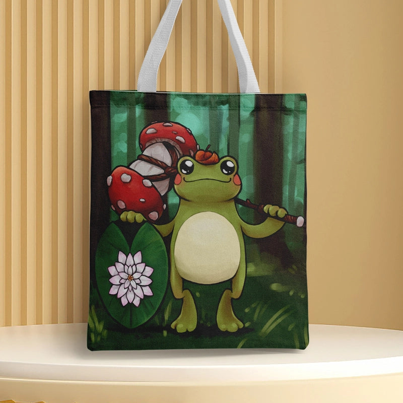Women's Canvas Cartoon Frog Basic Classic Style Square Open Canvas Bag